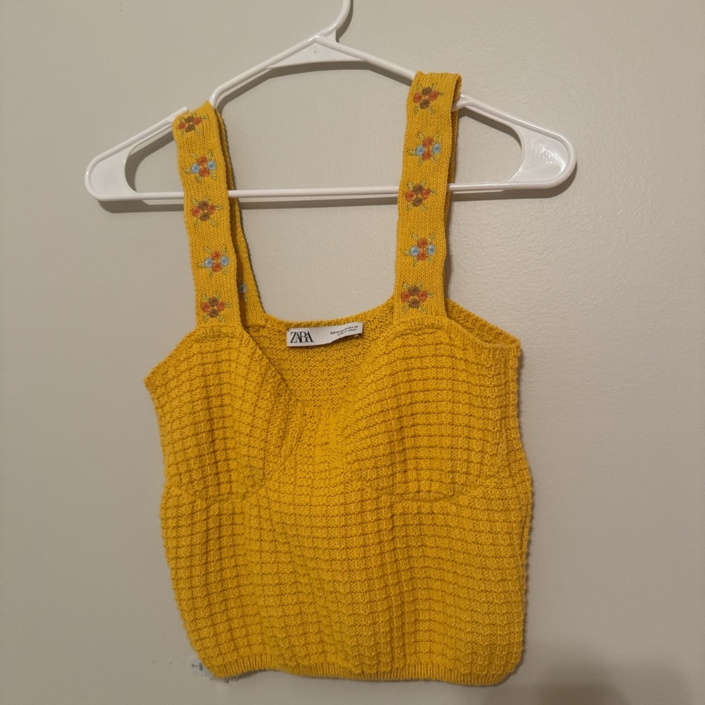 Zara Mustard Knit Crop Top with Floral Straps